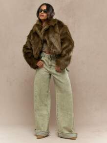 MISSGUIDED 奢华人造毛皮短款冬季夹克毛绒长袖外套保暖个性外套秋季时尚派对晚装现代精致 - 軍綠色 - 查看 4