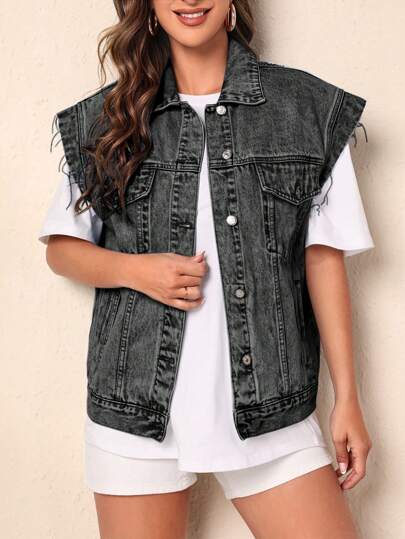 SHEIN Frenchy Veste en jean décontractée pour femmes avec bouton simple boutonnage et poche à rabat, pour l'automne