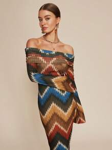 Chiquease 女士优雅露肩长袖波浪图案连衣裙 - 彩色 - 查看 3