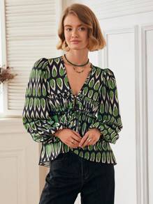 Almamuse Dames V-hals allover print blouse met strik aan de voorkant en lange mouwen