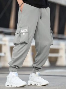 Manfinity Homme Men Plus Size Letter Patched Detail Flap Pocket Drawstring Waist Cargo Pants, Fall - Light Grey - View 3