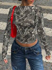 SHEIN EZwear Women's Leaf & Branch Print Backless Long Sleeve Tight Crop T-Shirt, Casual Wear For Spring/Autumn