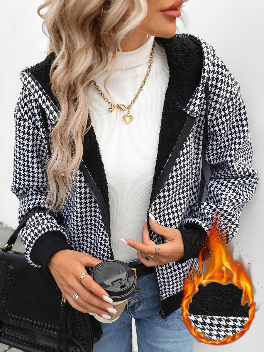 SHEIN LUNE 2024 Autumn Winter New Arrival Women's Houndstooth Fuzzy Zip Up Hooded Jacket Sweatshirt