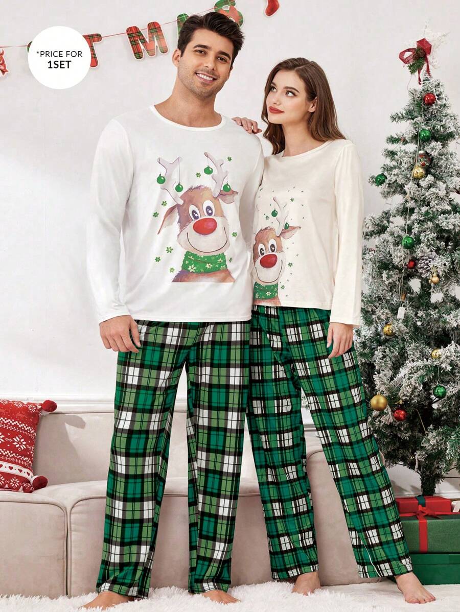 CoupledUp Christmas Couples Funny Cartoon Elk & Green/White Plaid Pattern Men Pajama Set - Green - View 1