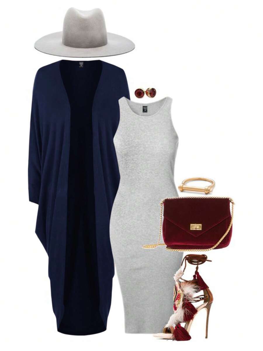 SHEIN Clasi 大码女式两件套：长袖前开襟夹克和圆领无袖长裙，休闲，秋季 - 藏蓝色 - 查看 1