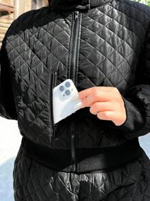 SHEIN EZwear Plus Size Solid Color Front Zipper Long Sleeve Casual Quilted Coat, Women Winter Clothes - Black - View 3