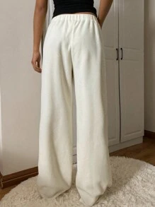 SHEIN EZwear 女式纯色羊毛长裤，秋冬款 - 杏色 - 查看 2