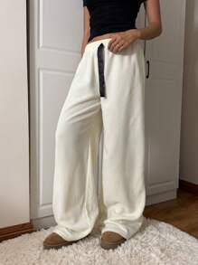 SHEIN EZwear 女式纯色羊毛长裤，秋冬款 - 杏色 - 查看 4