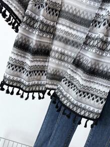 SHEIN LUNE Plus Size Tassel Decor Short Sleeve Striped Casual Loose Jacket