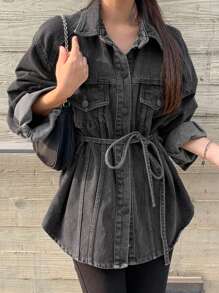 DAZY Women Distressed Washed Loose Fit Split Hem Casual Jeans,Fall Clothes,Jeans Jacket Long Sleeve Women - Dark Grey - View 3