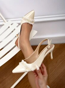 CUCCOO HITCHD 女士优雅奶油色珍珠编织流苏尖头高跟新娘鞋 - 米色 - 查看 3