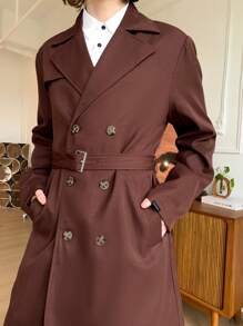 Manfinity VCAY 男士梭织休闲日常宽松轻便长款风衣，纯色，年轻风格，适合秋冬 - 巧克力棕 - 查看 3