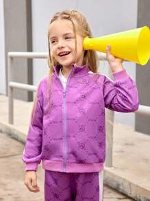 SHEIN Girls 2pcs Sporty Set - Purple Vintage Logo Hoodie Jacket & Comfortable Jogger Pants, Casual Sportswear Outfit For Young Girl