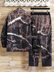 Manfinity Homme Setelan Jaket dan Celana Kasual Motif Ranting untuk Pria di Musim Gugur - MultiWarna - View 2