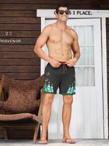 Surfspeed Men's Christmas Theme Printed Casual Drawstring Beach Shorts - Black - View 6