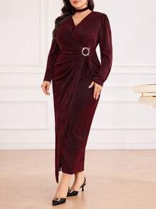 Modelyn Burgundy Red Plus Size Women V-Neck Long Sleeve Glitter Pleated Maxi Elegant Dress - Burgundy - View 7