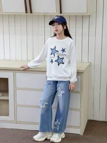 2pcs Set Tween Girl Printed Sweatshirt & Straight Leg Jeans - White - View 6