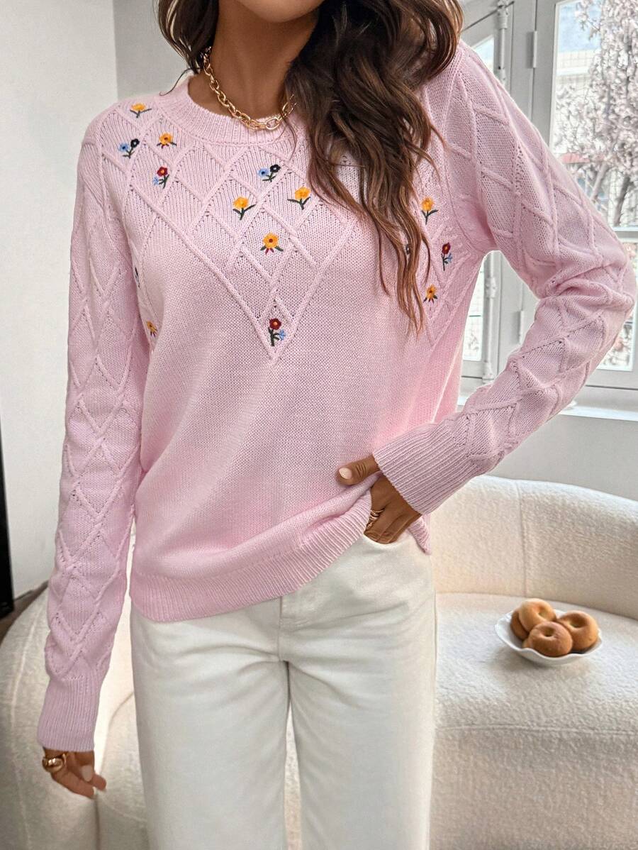 SHEIN LUNE Women's Casual Floral Embroidered Loose Crew Neck Long Sleeve Sweater, Autumn/Winter, Knit Pullover Fall - Pink - View 1