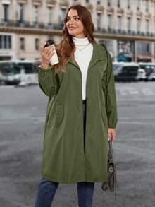SHEIN Clasi Plus Size Casual Solid Color Loose Fit Front Button Hooded Trench Coat, Autumn