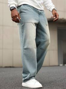 Manfinity Homme Men's Plus Size Casual Straight Leg Washed Denim Jeans, Plain Wide Jeans Long Distressed Baggy Light Blue Cargo Jeans, For Husband, Boyfriend Gifts - Blue - View 4