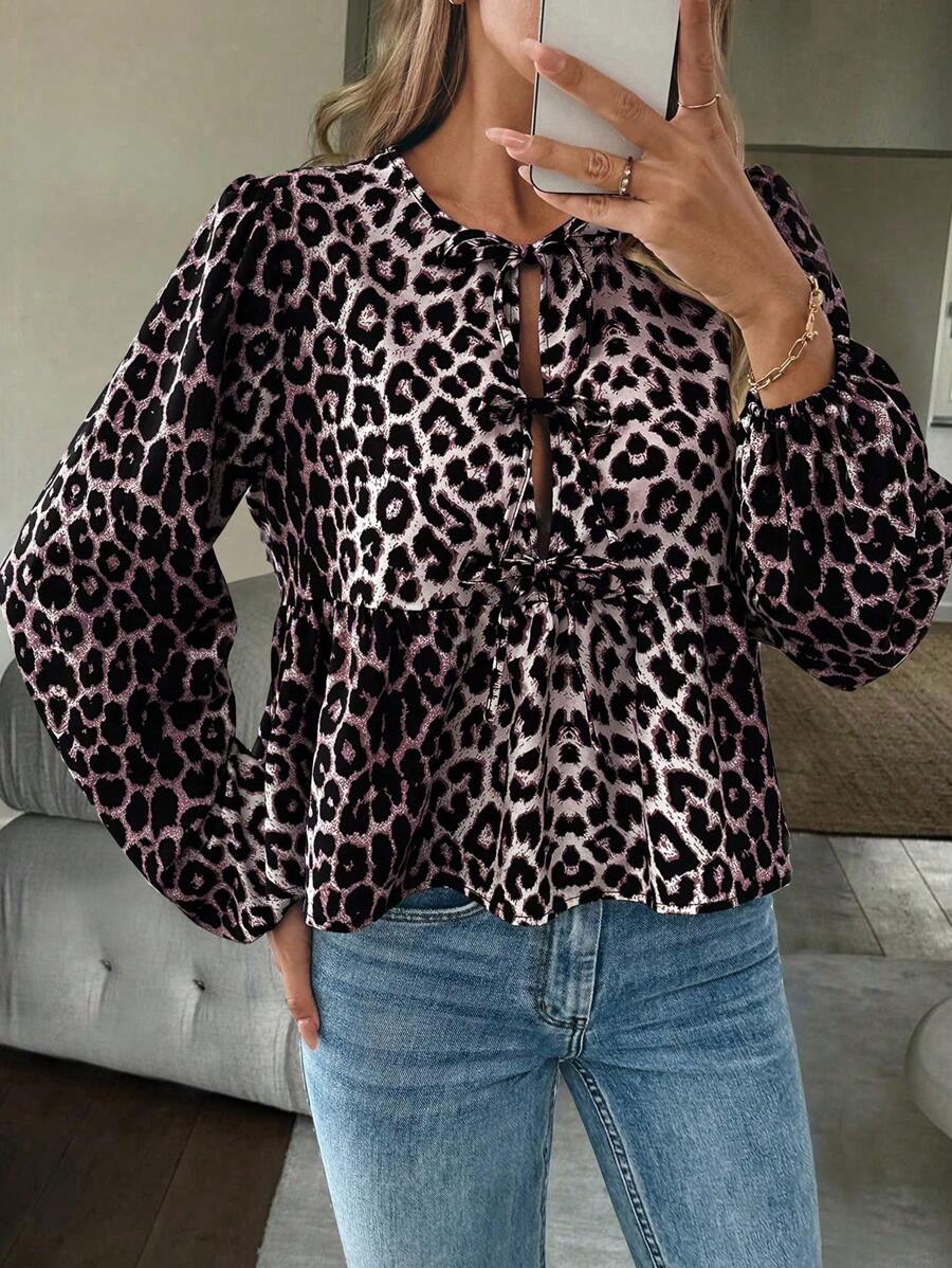 SHEIN Unity Leopard Print Ruffle Front Tie Waist Long Sleeve Women Shirt Peplum Top - Multicolor - View 1