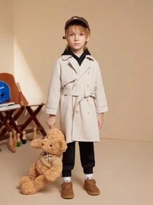 PrepCrw 年轻男孩学院风双排扣卡其色领风衣，长袖长款风衣，适合返校季、秋冬季 - 卡其色 - 查看 11