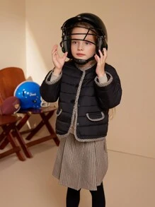 PrepCrw Young Girls' Brown Plaid Pattern Black Long Sleeve Round Neck Winter Coats, Autumn/Winter - Black - View 7