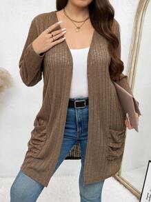 SHEIN LUNE Plus Size Solid Color Long Sleeve Cardigan With Pockets, Minimalist Casual Outerwear Plus Size Fall Clothes - Coffee Brown - View 4