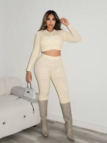 Zolique 3-Piece Set: Solid Color Tank Top+Front Button Long Sleeve Top Coat+Long Pants Sweater Pattern Autumn/Winter Set - Beige - View 3