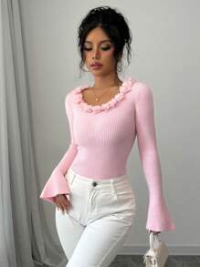 Chiquease 1 件女式 3D 花朵泡泡袖 V 领毛衣，秋季，长袖上衣