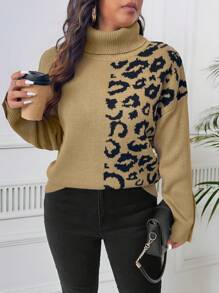 SHEIN LUNE 大码女式秋冬豹纹高领落肩长袖套头毛衣针织衫 - 彩色 - 查看 3