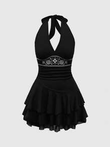 ROMWE Hippie Plus Size Hippie Sun Totem Embroidery Women Sleeveless Layered Hem Dress For Summer