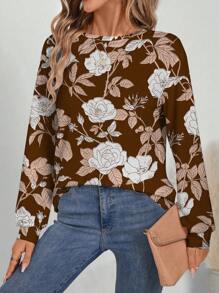 Glamance Whitebread Magliette da donna manica lunga a girocollo casual, colore marrone, con stampa floreale, tinta unita, motivi botanici, abbigliamento estivo da donna, magliette con grafica per uscite