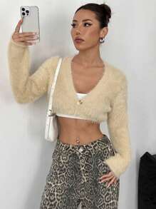 Flirla Áo len cardigan ngắn, màu trơn thường ngày, mùa thu - Màu be - Xem 1