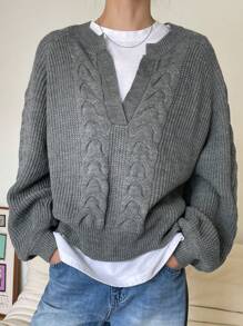 DAZY 1 pieza Suéter suelto de mujer de unicolor con patrón de cable, de cuello en V, de manga larga, ropa de otoño - Gris Oscuro - Ver 4