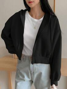 DAZY 女式短款宽松休闲羊毛连帽衫，秋季服装运动衫夹克拉链 - 黑色 - 查看 3