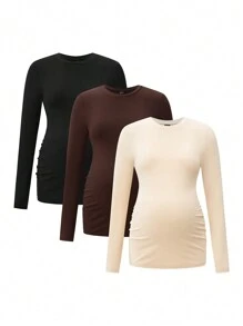 Modmama 3pcs Maternity Casual Round Neck Long Sleeve Fitted T-Shirt Set - Apricot - View 3