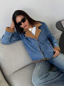 SHEIN Essnce 女士纯色前扣口袋休闲长袖牛仔夹克保暖加厚牛仔布 - 藍色 - 查看 5