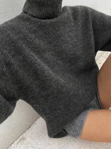 DAZY Women's Solid Color Loose Fit Turtleneck Long Sleeve Knit Sweater,Fall Women Clothes - Dark Grey - View 7