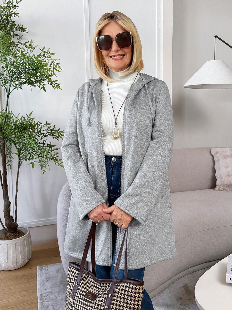 SHEIN LUNE Chaqueta larga con capucha, bolsillo y cierre de cremallera de manga larga para mujer - Gris - Ver 1