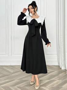 Modelyn 1 pieza Vestido elegante de mujer con patrón floral 3D, cuello empalmado, cintura larga y volante en el bajo, vestido largo de noche