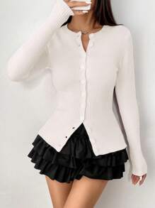 SHEIN Unity 女士休闲时尚纽扣前开衫，百搭秋季 - 白色 - 查看 4