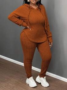 Slaydiva 大码休闲橄榄绿色罗纹针织弹力连帽长袖修身裤两件套，秋冬装 - 棕色 - 查看 1