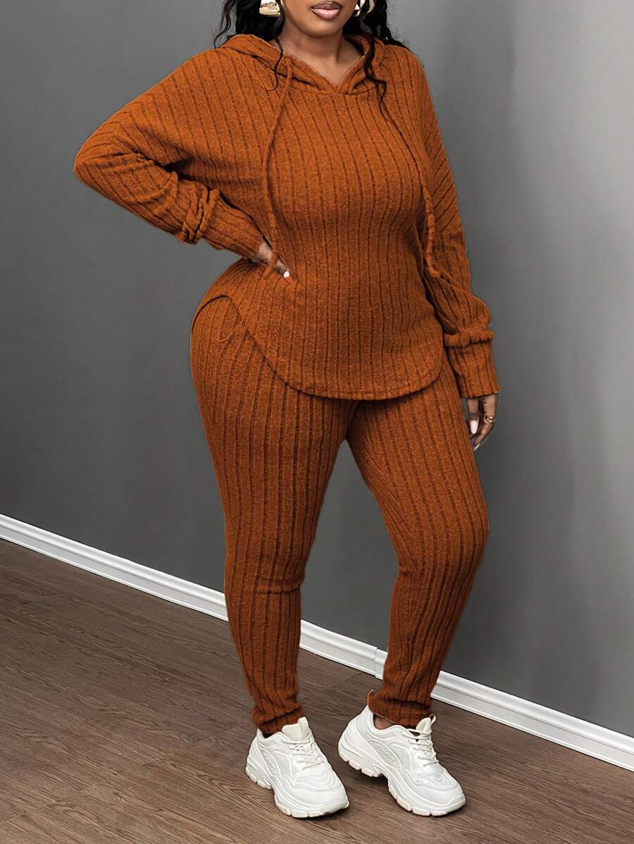 Slaydiva 大码休闲橄榄绿色罗纹针织弹力连帽长袖修身裤两件套，秋冬装 - 棕色 - 查看 1