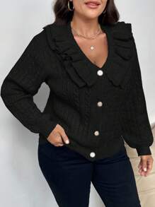 SHEIN Privé 加大码优雅校园风黑色长袖开衫，带荷叶边领，适合返校季和冬季