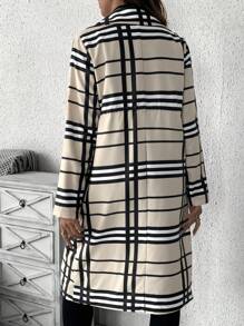 SHEIN Maternity Casual Plaid Pattern Drawstring Waist Long Sleeve, Jacket For Autumn - Khaki - View 2