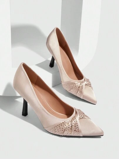 CUCCOO CHICEST Women's Solid Color Rhinestone Decor Casual High Heel Pumps New Year Holiday