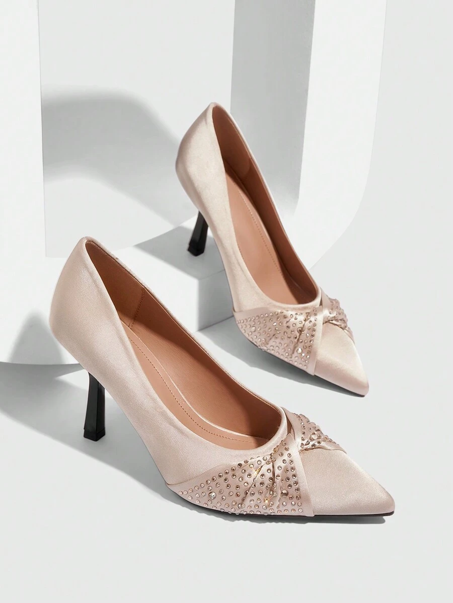 CUCCOO CHICEST Women's Solid Color Rhinestone Decor Casual High Heel Pumps New Year Holiday - Apricot - View 1