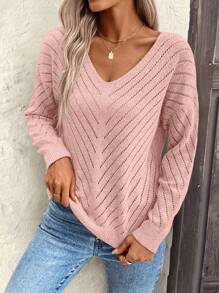 EMERY ROSE Women's Loose Casual Hollow Out Geometric Textured V-Neck Sweater Knit Pullover Fall Winter Outfit - Pink - View 5