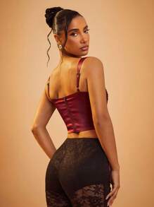 Hauture Satin Mesh Ribbon Lace Up Bustier Bow Top - Burgundy - View 2